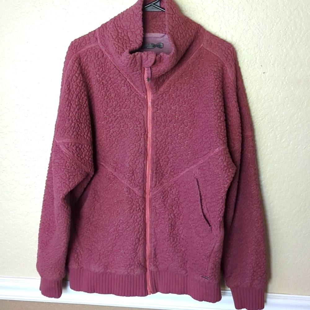 Prana Sherpa Zip Up in Mauve Large Pockets Ribbed Sleeves and Bottom